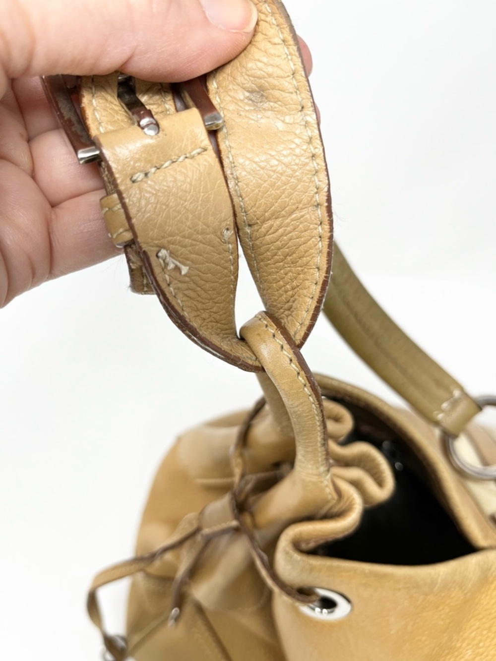 Authentic Vintage Prada 90s Brown Tan Triangle Logo Leather Shoulder Hobo Bag - Picture 14 of 16